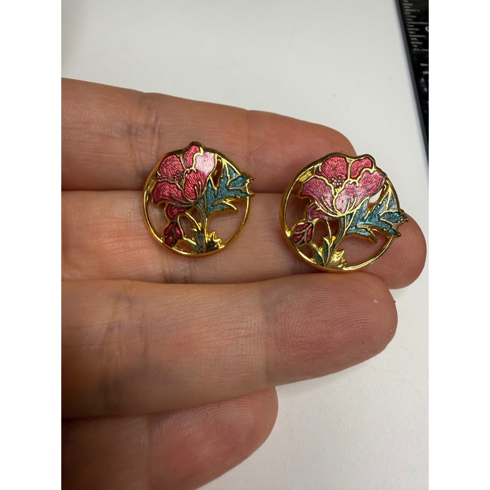 Gold Tone Pink Enamel Flower Cloisonne Stud Earrings Circular Floral Post Backs